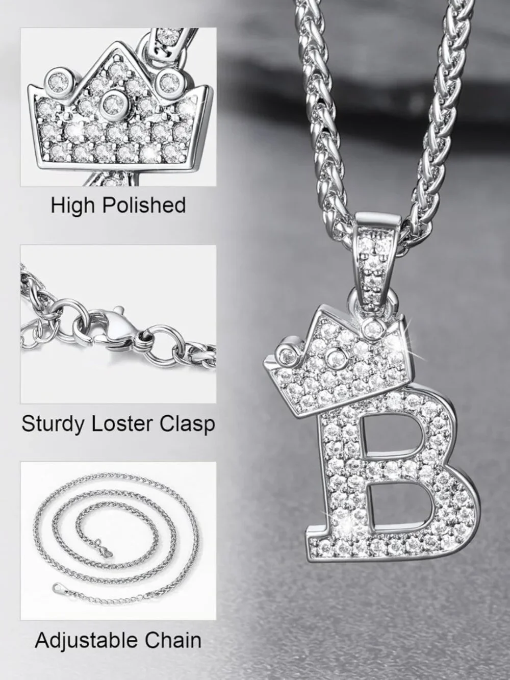 Personalized Crown Initial Necklace for Men & Women, Bling CZ Pendant, Hip Hop